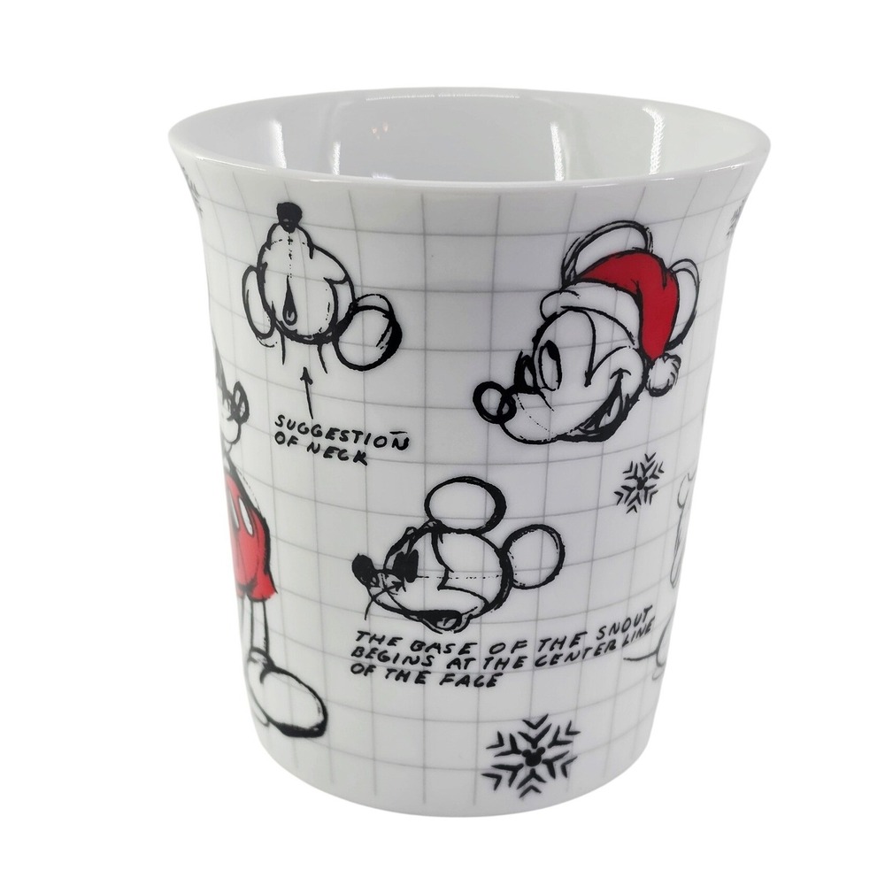 Disney Mickey Mouse Animation Sketch Christmas Coffee Mug Grid Pattern White Red - Picture 2 of 4
